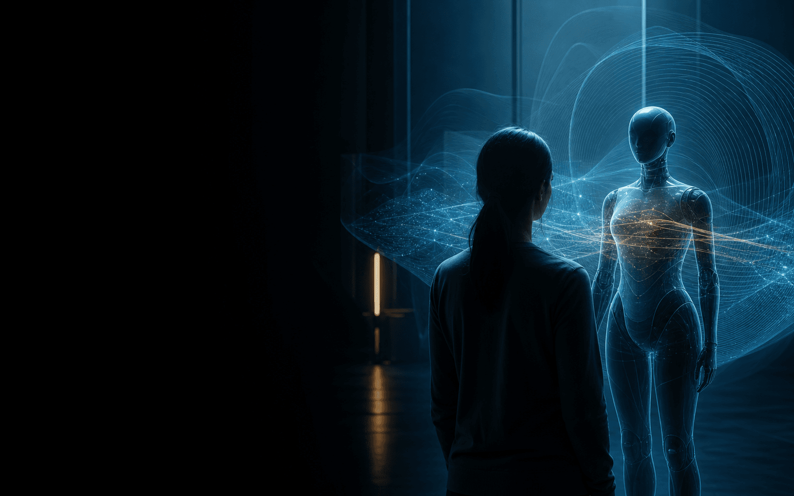 Conceptual scene of affective intelligence flowing between a person and a robot