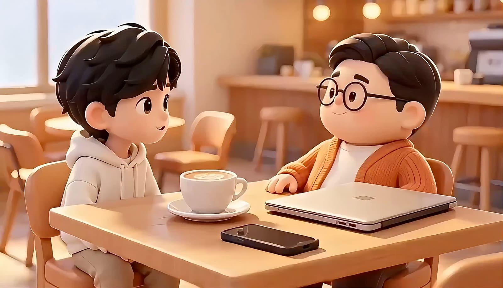 Two people having a relaxed conversation in a café